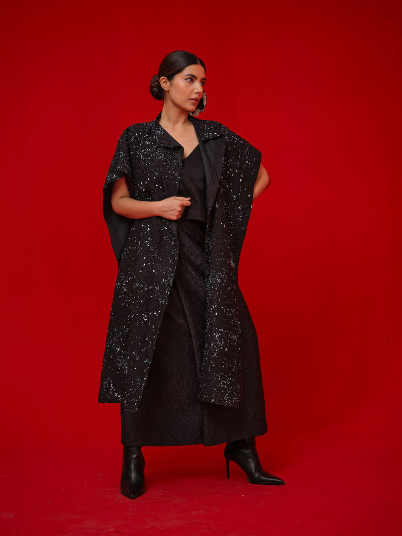 Moon Beam Overlay-Black + Ivory crushed silk jacktes and overlays by Stoique in black, ivory for women Worldwide