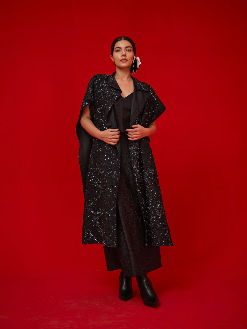 Moon Beam Overlay-Black + Ivory crushed silk jacktes and overlays by Stoique in black, ivory for women Worldwide