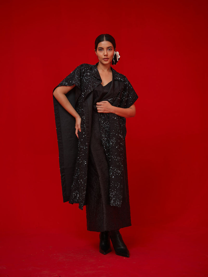 Moon Beam Overlay-Black + Ivory crushed silk jacktes and overlays by Stoique in black, ivory for women Worldwide