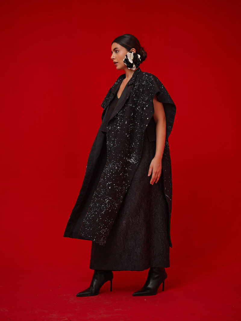 Moon Beam Overlay-Black + Ivory crushed silk jacktes and overlays by Stoique in black, ivory for women Worldwide
