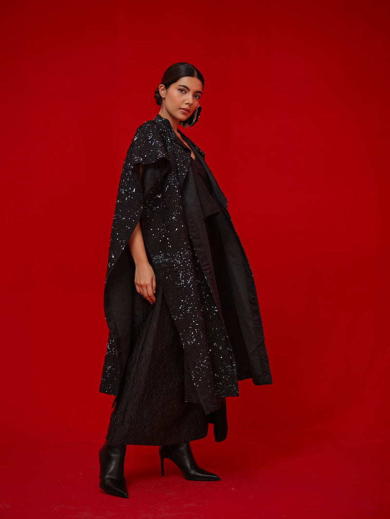 Moon Beam Overlay-Black + Ivory crushed silk jacktes and overlays by Stoique in black, ivory for women Worldwide