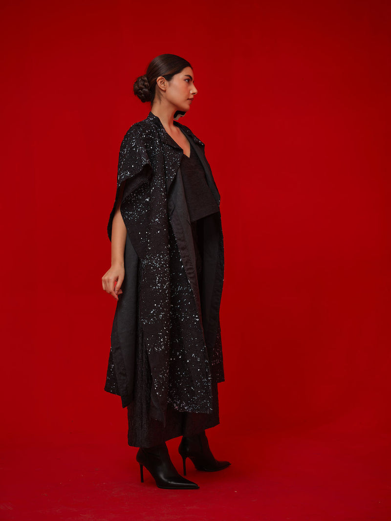 Moon Beam Overlay-Black + Ivory crushed silk jacktes and overlays by Stoique in black, ivory for women Worldwide