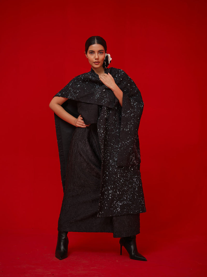 Moon Beam Overlay-Black + Ivory crushed silk jacktes and overlays by Stoique in black, ivory for women Worldwide