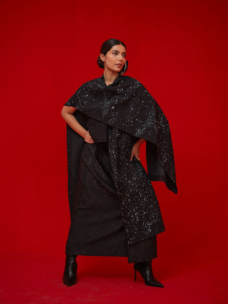 Moon Beam Overlay-Black + Ivory crushed silk jacktes and overlays by Stoique in black, ivory for women Worldwide