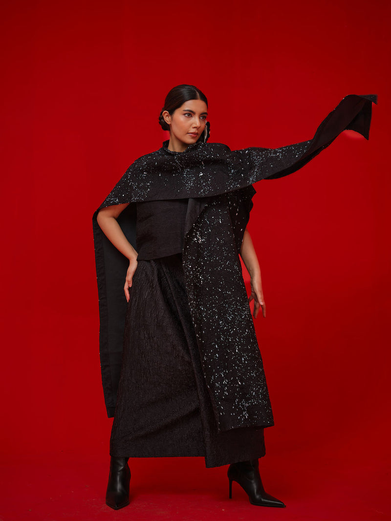 Moon Beam Overlay-Black + Ivory crushed silk jacktes and overlays by Stoique in black, ivory for women Worldwide