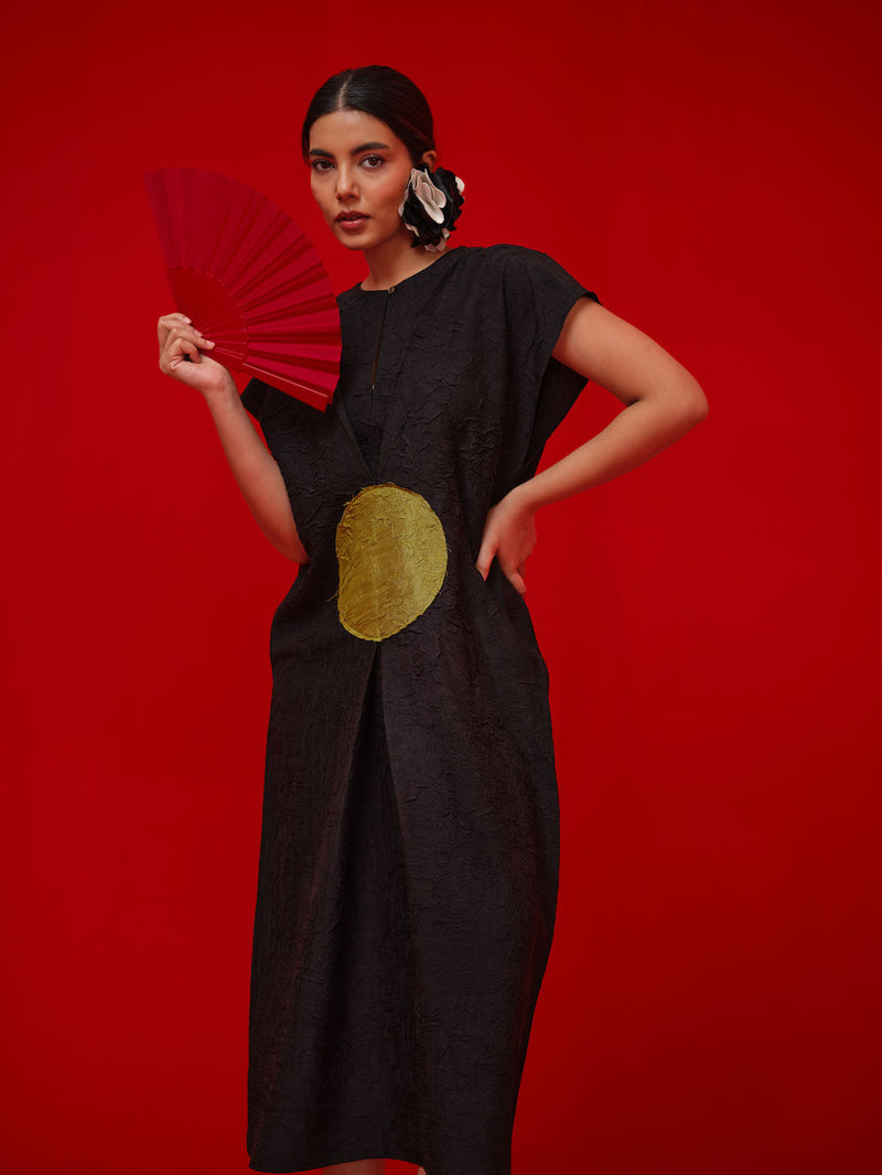 Lane Dress-Black + Leaf green crushed silk dress by Stoique in black, green for women Worldwide