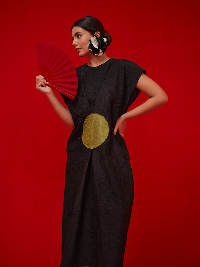 Lane Dress-Black + Leaf green crushed silk dress by Stoique in black, green for women Worldwide