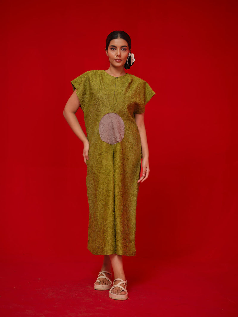 Lane Dress-Leaf green + Grey crushed silk dress by Stoique in green, grey for women Worldwide