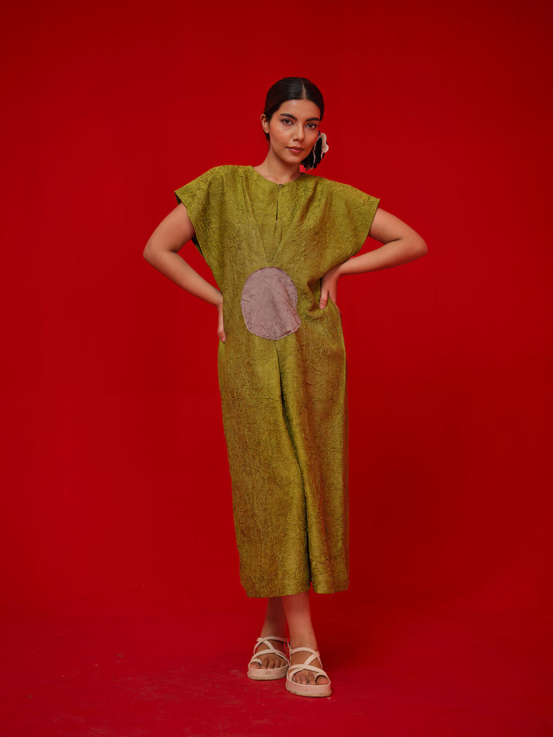 Lane Dress-Leaf green + Grey crushed silk dress by Stoique in green, grey for women Worldwide