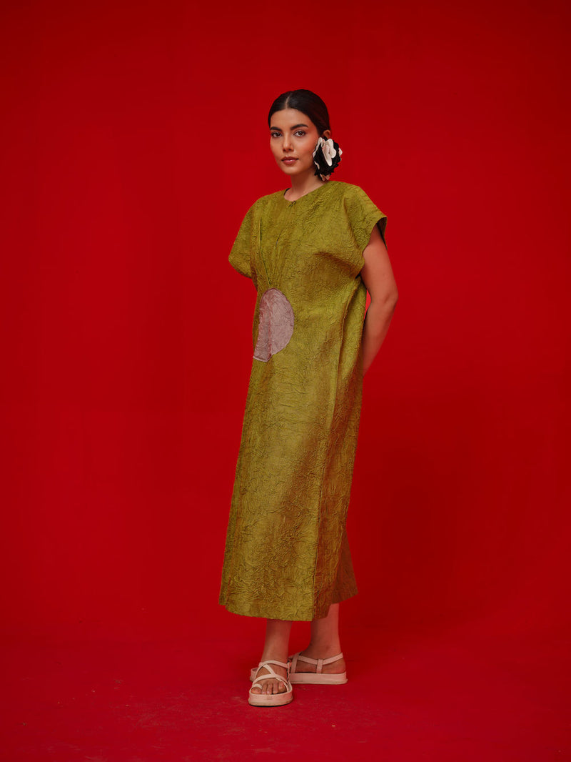 Lane Dress-Leaf green + Grey crushed silk dress by Stoique in green, grey for women Worldwide