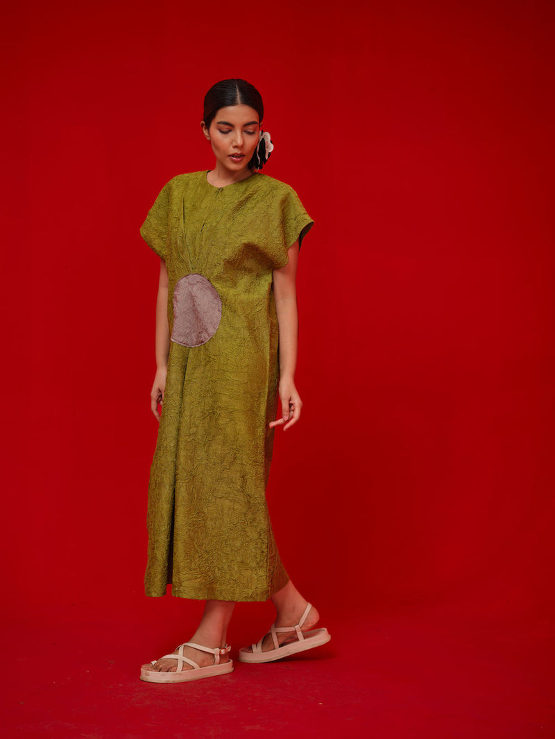 Lane Dress-Leaf green + Grey crushed silk dress by Stoique in green, grey for women Worldwide