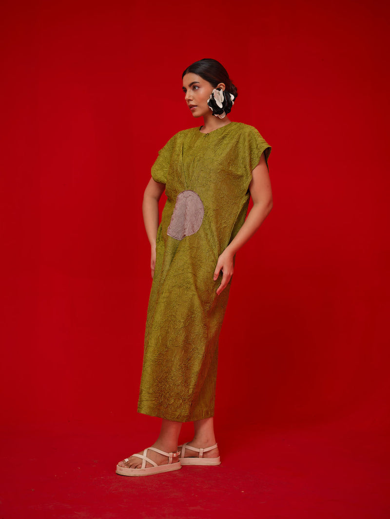 Lane Dress-Leaf green + Grey crushed silk dress by Stoique in green, grey for women Worldwide