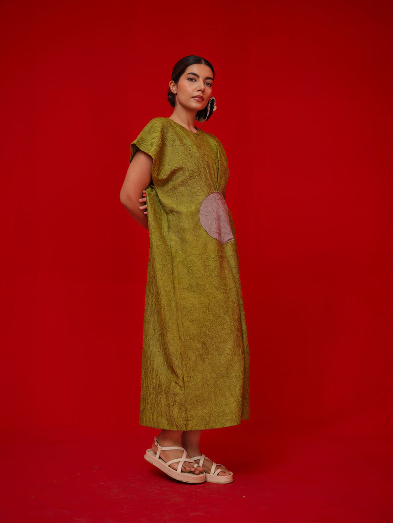 Lane Dress-Leaf green + Grey crushed silk dress by Stoique in green, grey for women Worldwide
