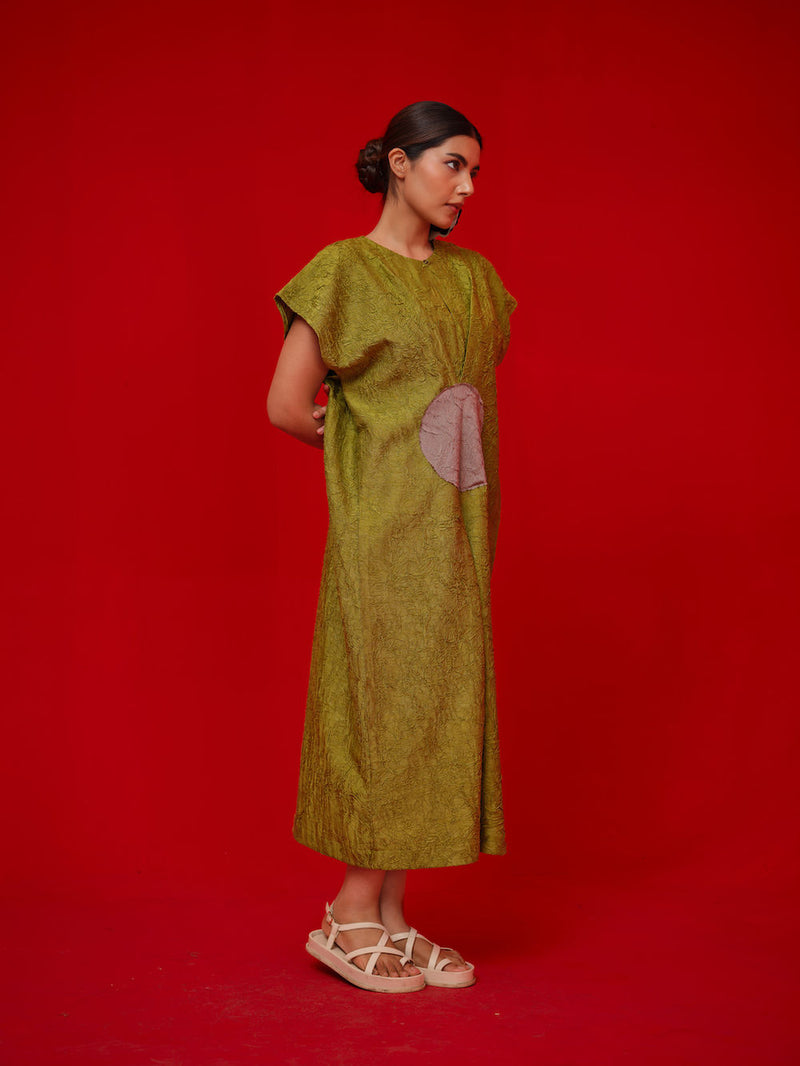 Lane Dress-Leaf green + Grey crushed silk dress by Stoique in green, grey for women Worldwide