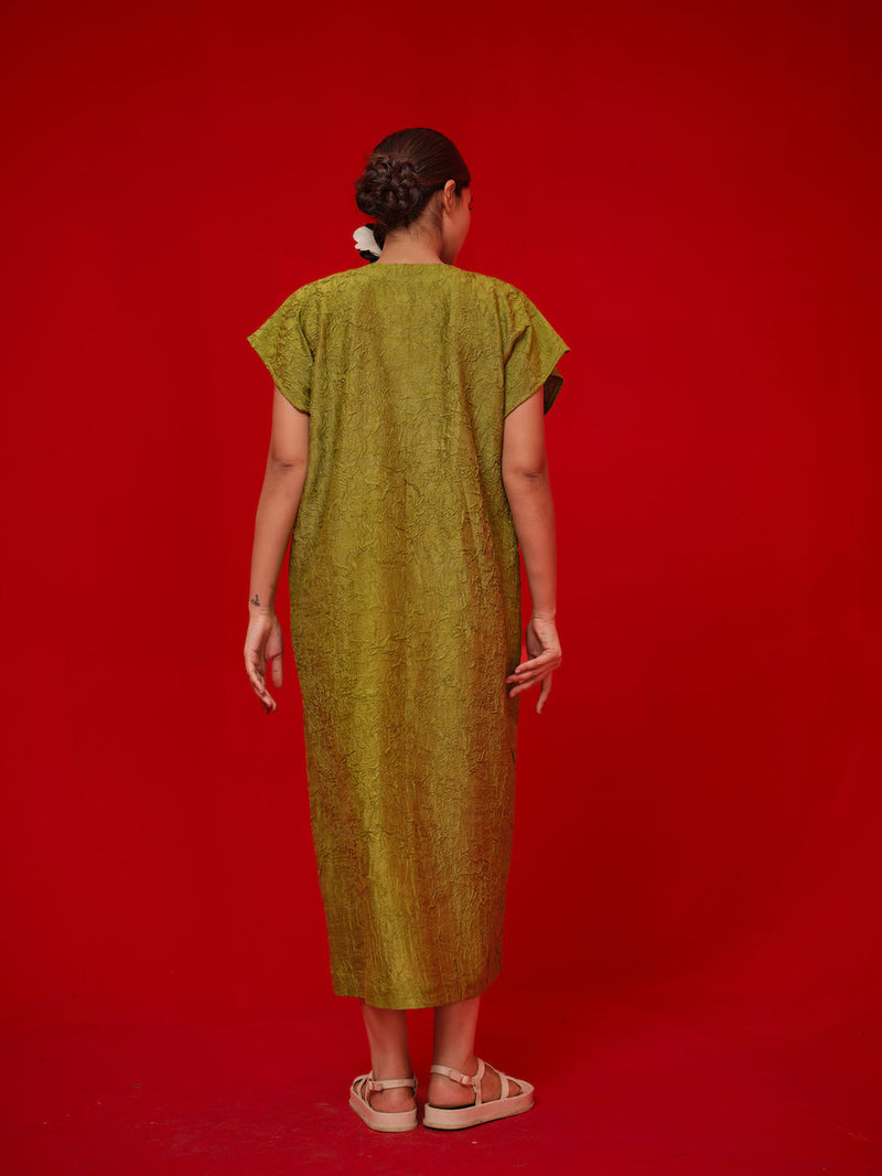 Lane Dress-Leaf green + Grey crushed silk dress by Stoique in green, grey for women Worldwide