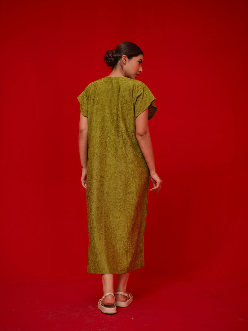 Lane Dress-Leaf green + Grey crushed silk dress by Stoique in green, grey for women Worldwide