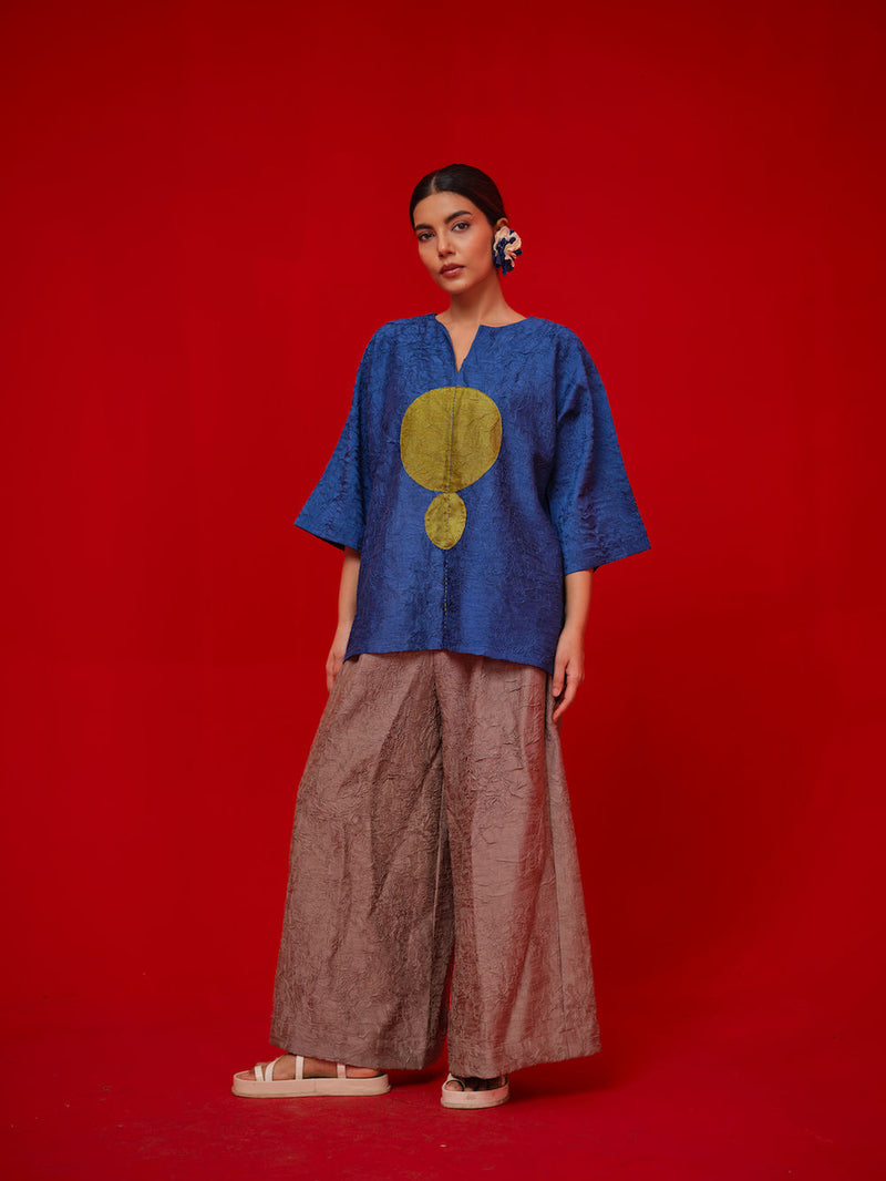 Alley Top-Blue + Leaf green crushed silk top/shirt by Stoique in blue, green for women Worldwide