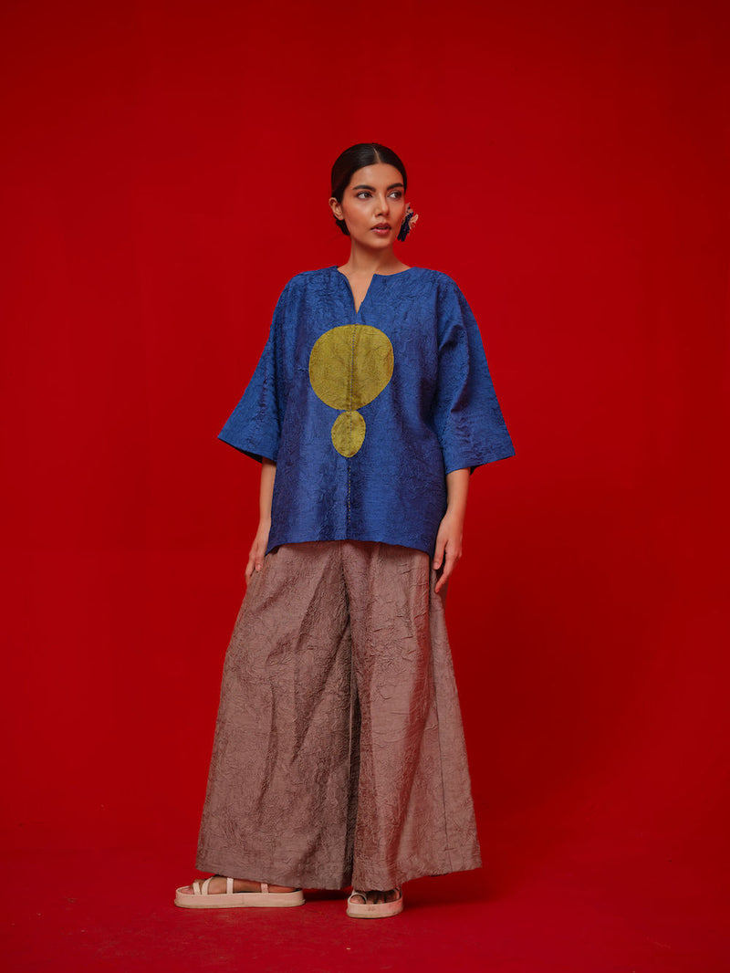 Alley Top-Blue + Leaf green crushed silk top/shirt by Stoique in blue, green for women Worldwide