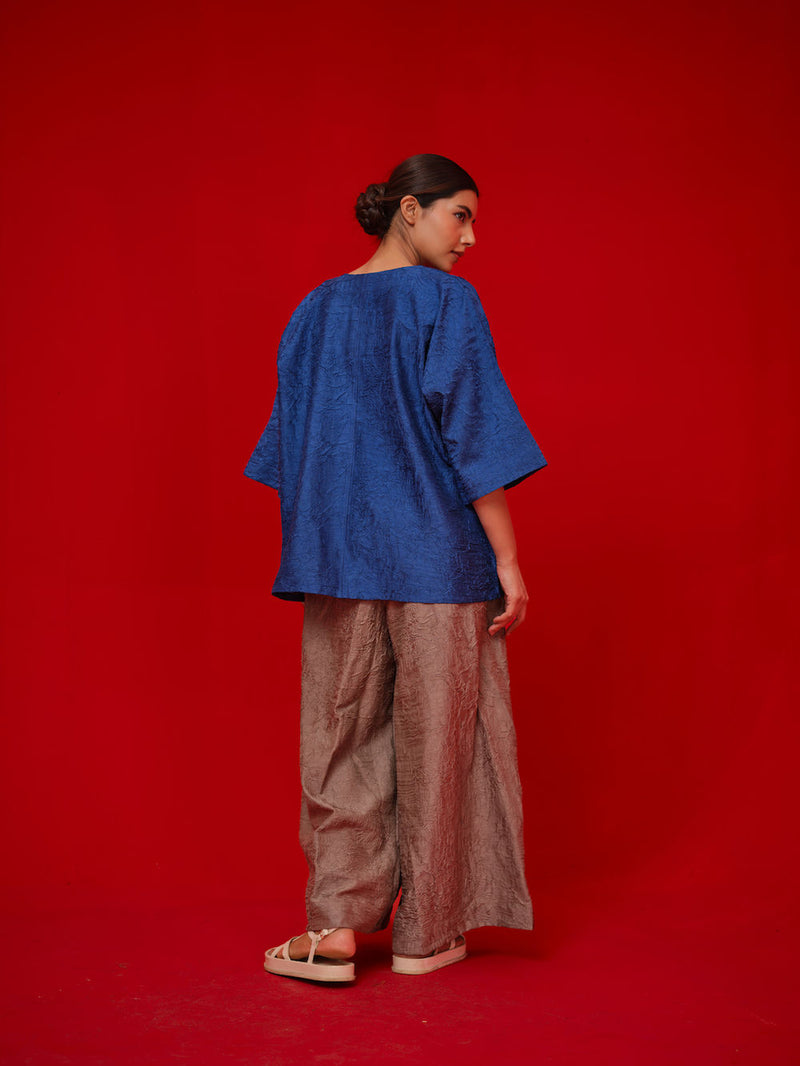 Alley Top-Blue + Leaf green crushed silk top/shirt by Stoique in blue, green for women Worldwide