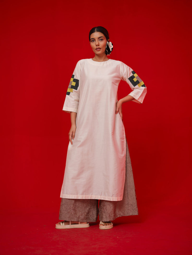 Union Tunic-Ivory + Black + Yellow silk cotton tunics/kaftan by Stoique in ivory, black, yellow for women Worldwide
