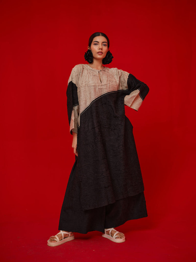 Salt Tunic-Black + Grey crushed silk tunics/kaftan by Stoique in black, grey for women Worldwide