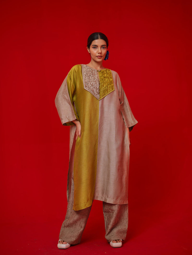 Opal tunic-Leaf green + Grey mysore silk tunics/kaftan by Stoique in green, grey for women Worldwide