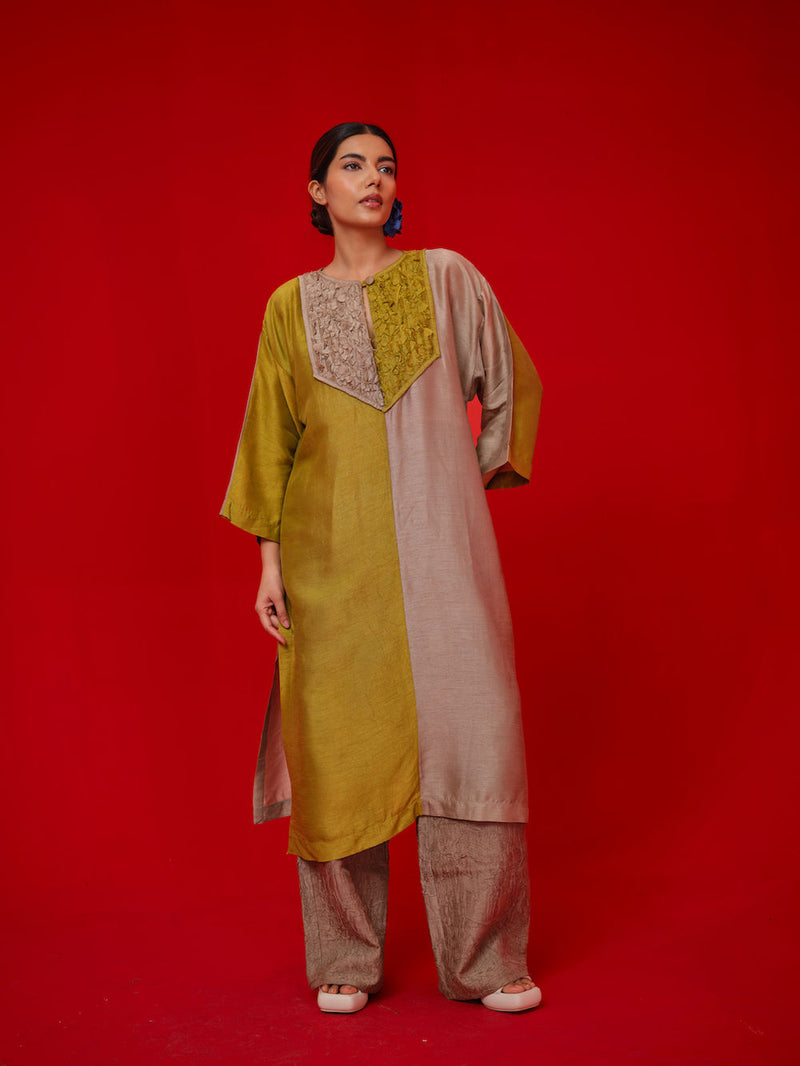 Opal tunic-Leaf green + Grey mysore silk tunics/kaftan by Stoique in green, grey for women Worldwide