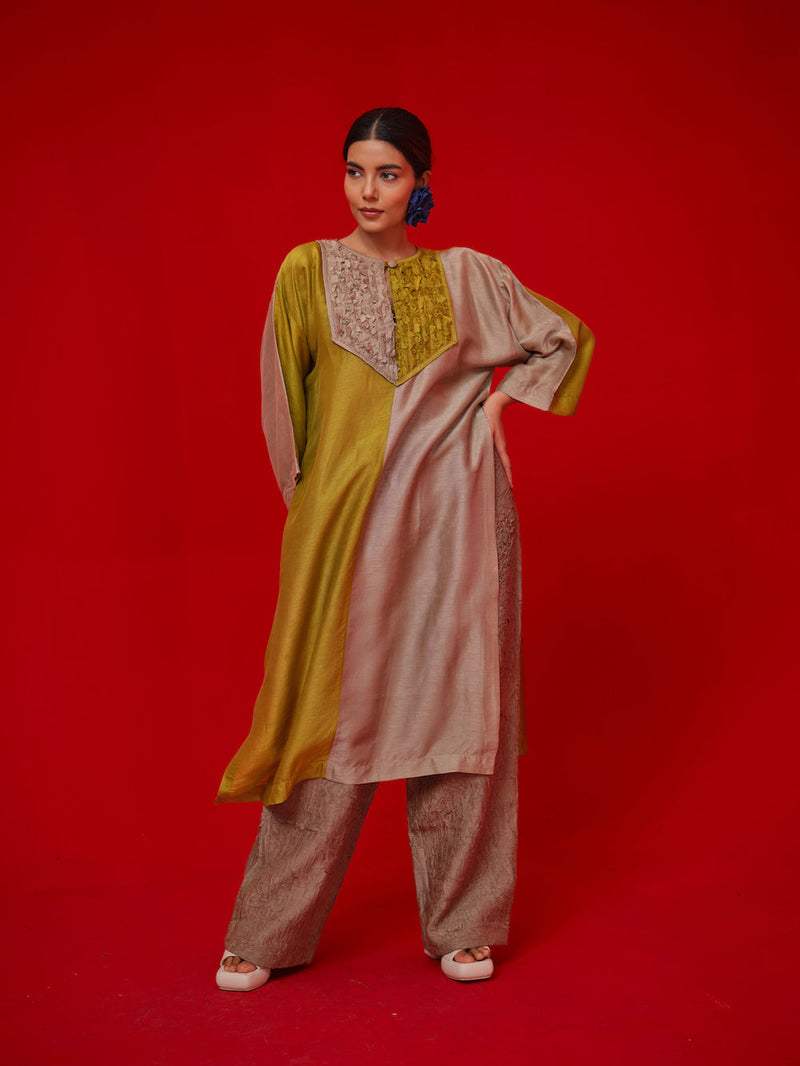 Opal tunic-Leaf green + Grey mysore silk tunics/kaftan by Stoique in green, grey for women Worldwide