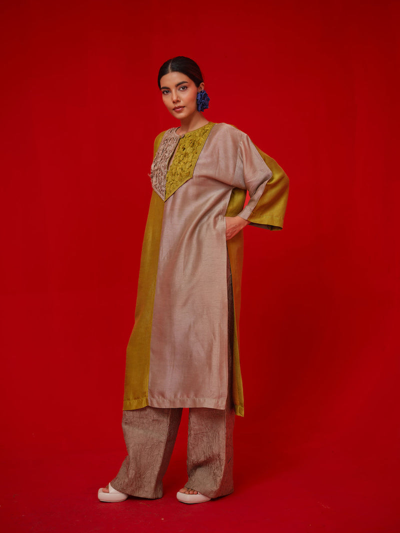 Opal tunic-Leaf green + Grey mysore silk tunics/kaftan by Stoique in green, grey for women Worldwide