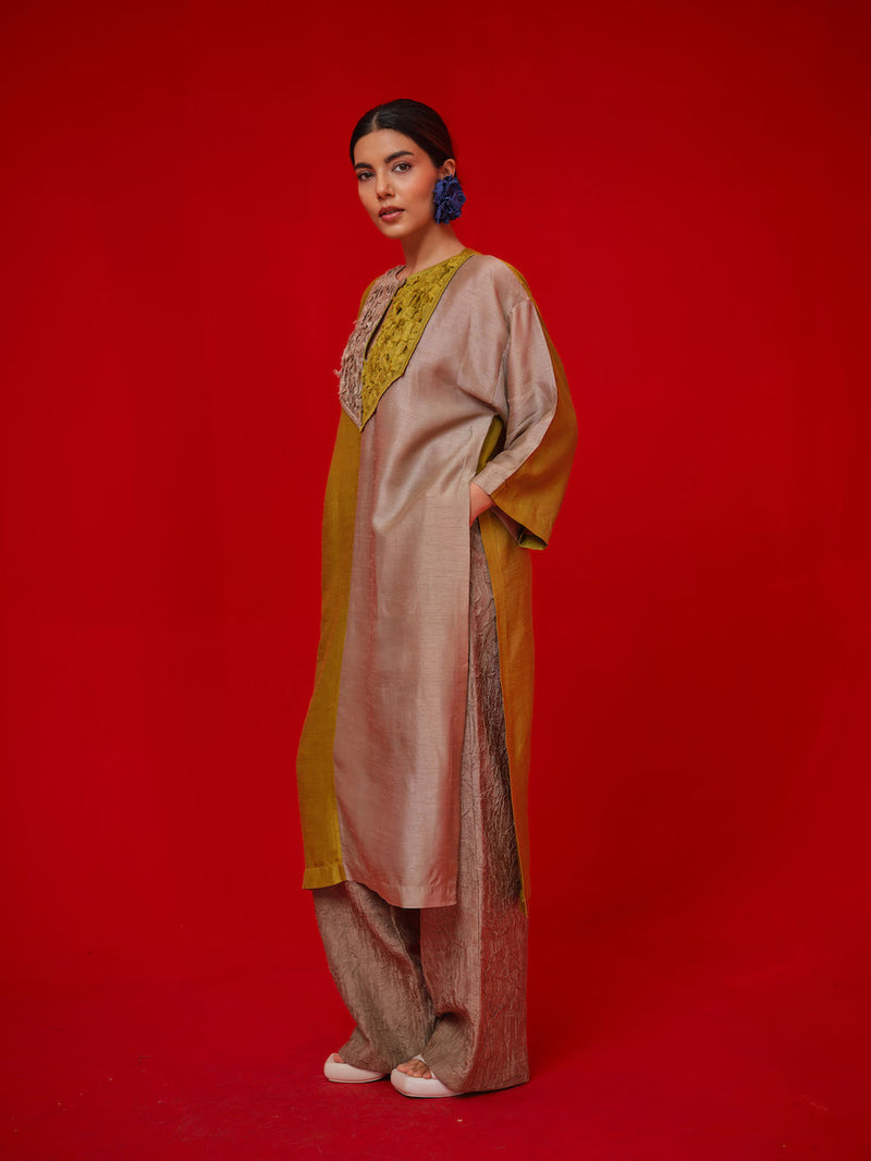 Opal tunic-Leaf green + Grey mysore silk tunics/kaftan by Stoique in green, grey for women Worldwide