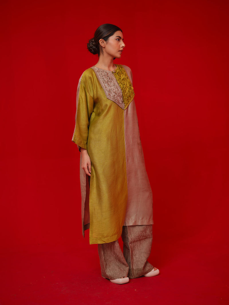 Opal tunic-Leaf green + Grey mysore silk tunics/kaftan by Stoique in green, grey for women Worldwide