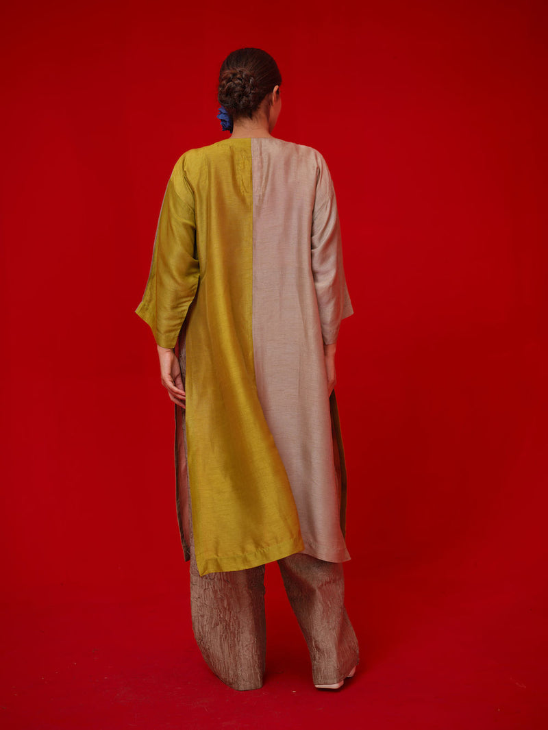 Opal tunic-Leaf green + Grey mysore silk tunics/kaftan by Stoique in green, grey for women Worldwide