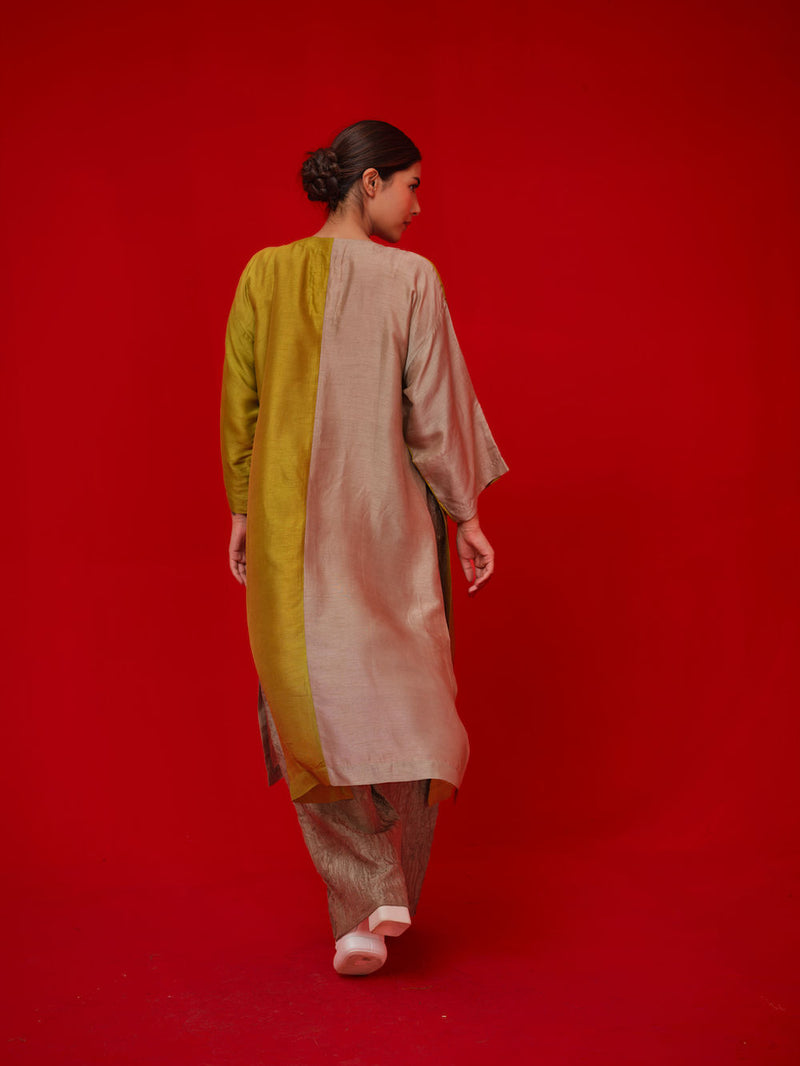 Opal tunic-Leaf green + Grey mysore silk tunics/kaftan by Stoique in green, grey for women Worldwide