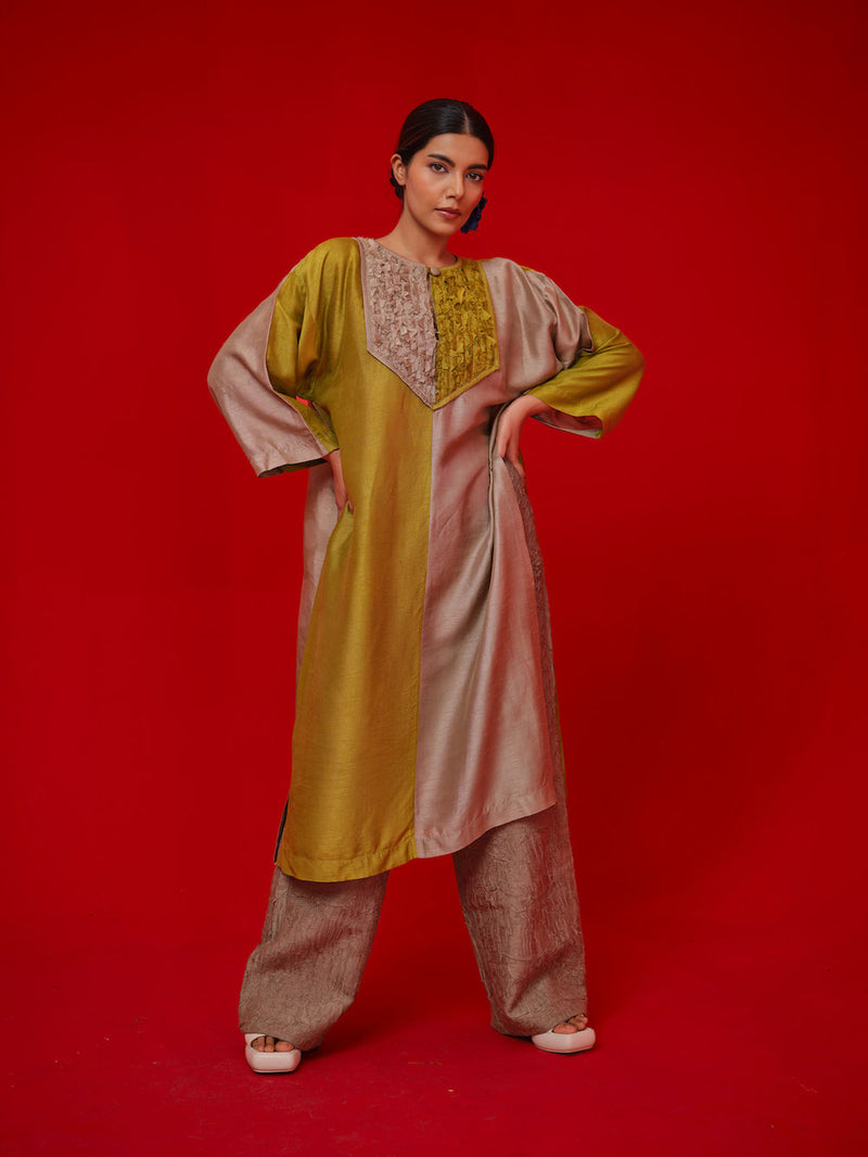 Opal tunic-Leaf green + Grey mysore silk tunics/kaftan by Stoique in green, grey for women Worldwide