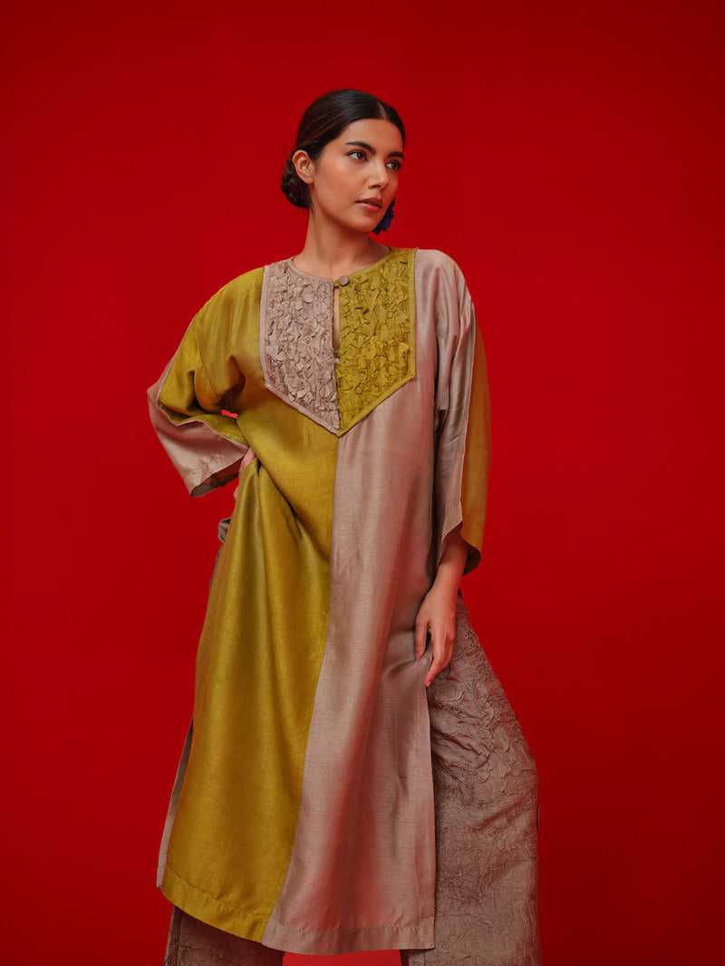 Opal tunic-Leaf green + Grey mysore silk tunics/kaftan by Stoique in green, grey for women Worldwide