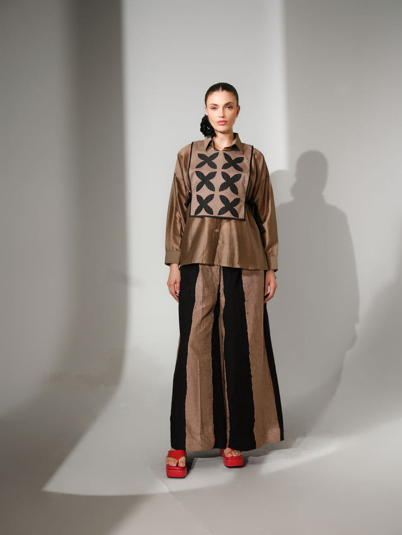 Pebble Shirt-Grey + Black silk chanderi top/shirt by Stoique in grey, black for women Worldwide