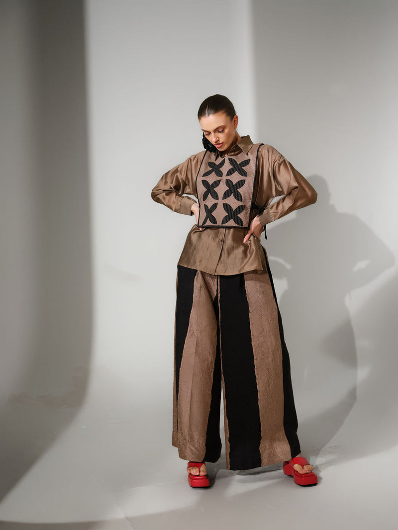 Pebble Shirt-Grey + Black silk chanderi top/shirt by Stoique in grey, black for women Worldwide