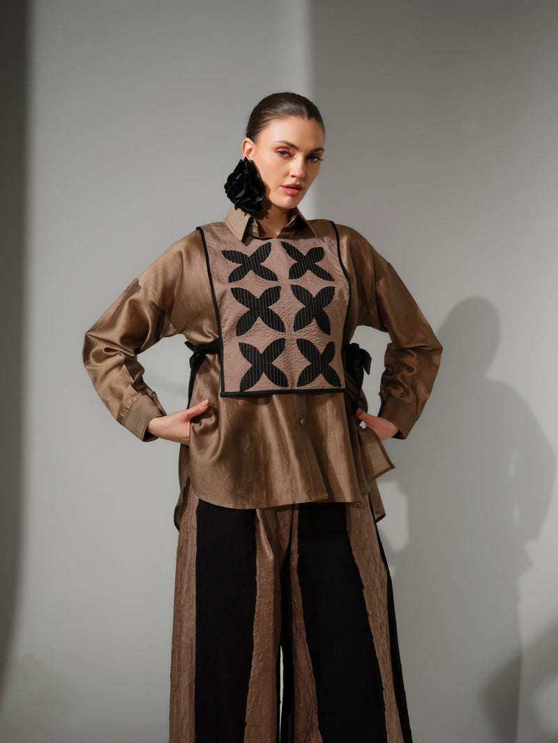 Pebble Shirt-Grey + Black silk chanderi top/shirt by Stoique in grey, black for women Worldwide