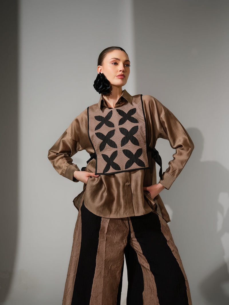 Pebble Shirt-Grey + Black silk chanderi top/shirt by Stoique in grey, black for women Worldwide