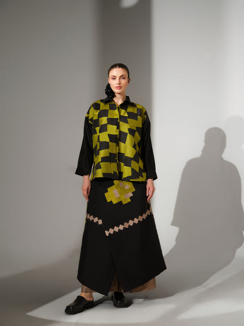 Embrace Skirt-Black + Lime mysore silk skirt by Stoique in black, lime for women Worldwide