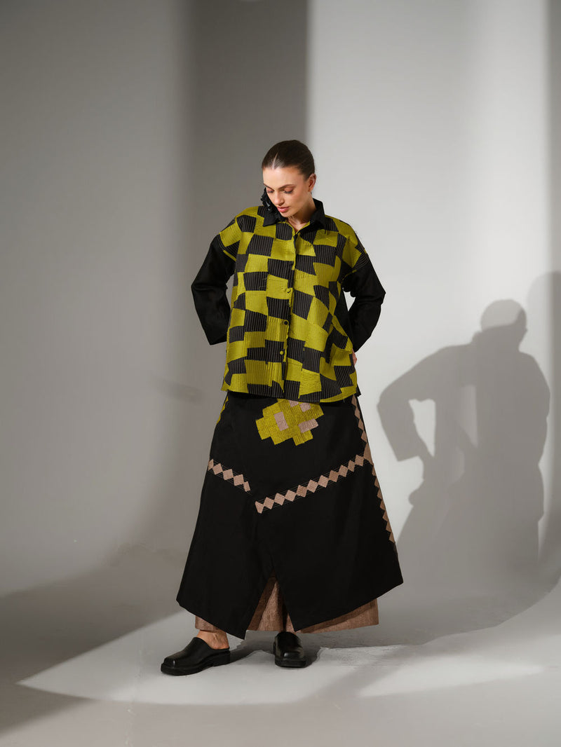 Embrace Skirt-Black + Lime mysore silk skirt by Stoique in black, lime for women Worldwide