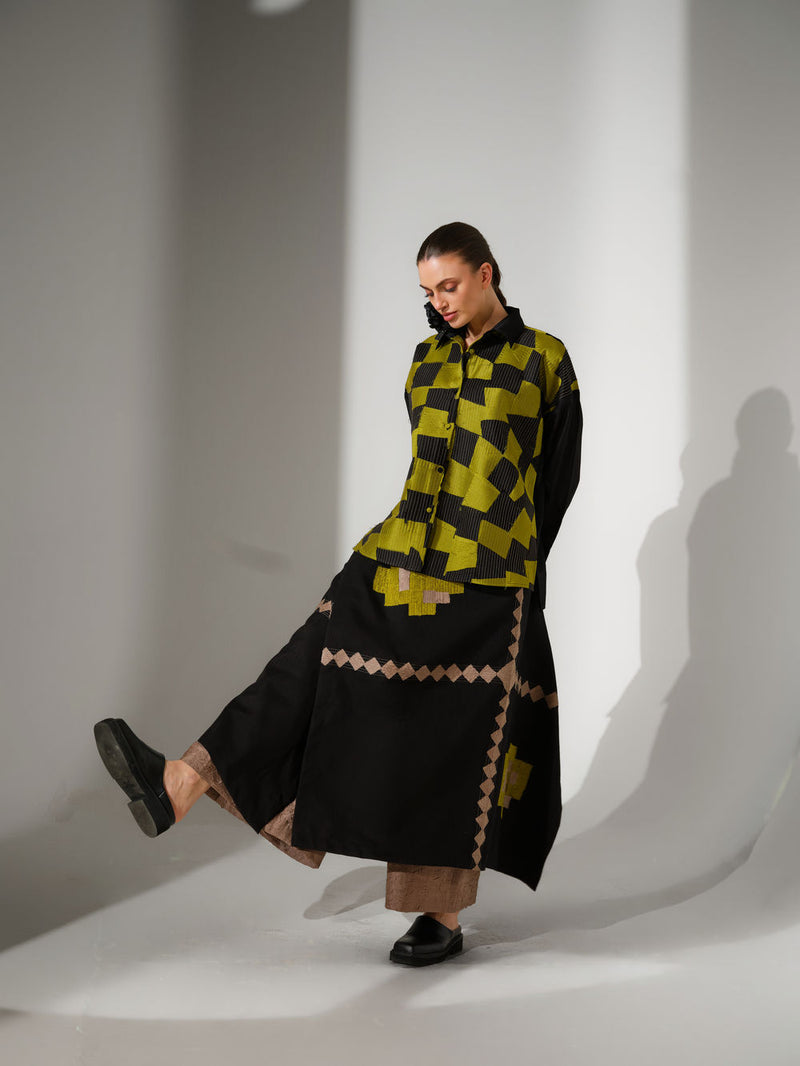 Embrace Skirt-Black + Lime mysore silk skirt by Stoique in black, lime for women Worldwide