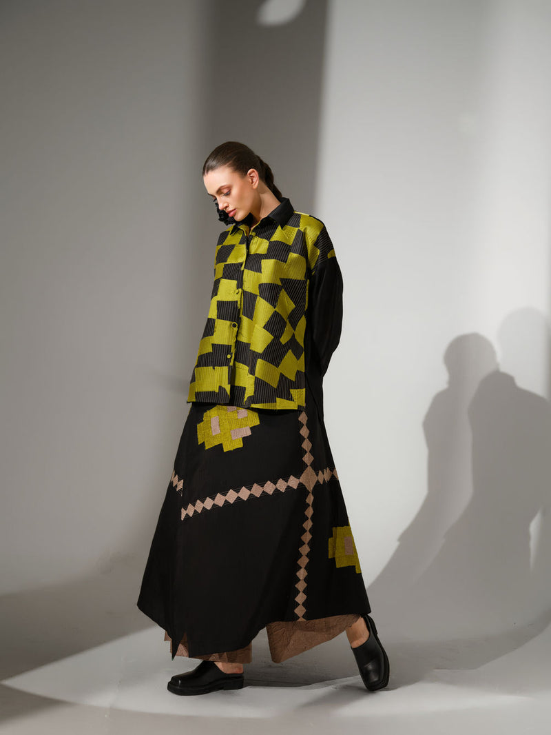 Drift Shirt-Black + Lime silk chanderi top/shirt by Stoique in black, lime for women Worldwide
