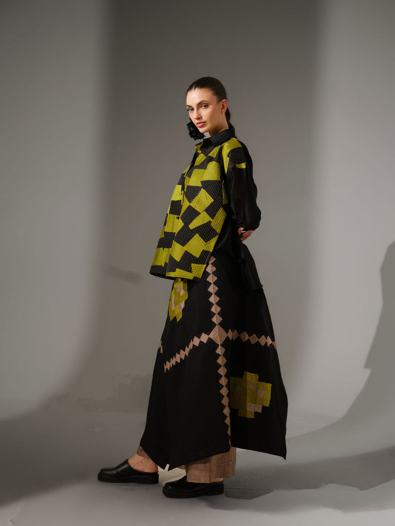 Embrace Skirt-Black + Lime mysore silk skirt by Stoique in black, lime for women Worldwide