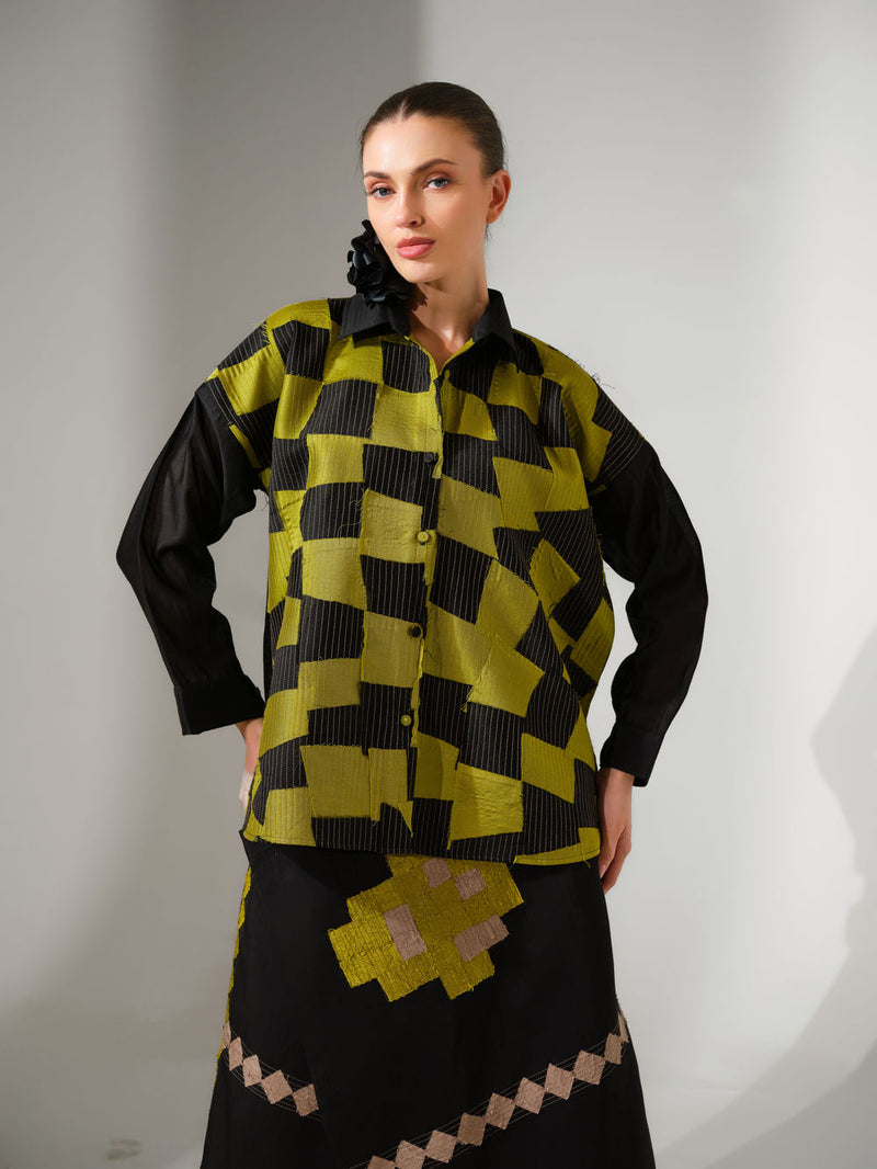 Drift Shirt-Black + Lime silk chanderi top/shirt by Stoique in black, lime for women Worldwide