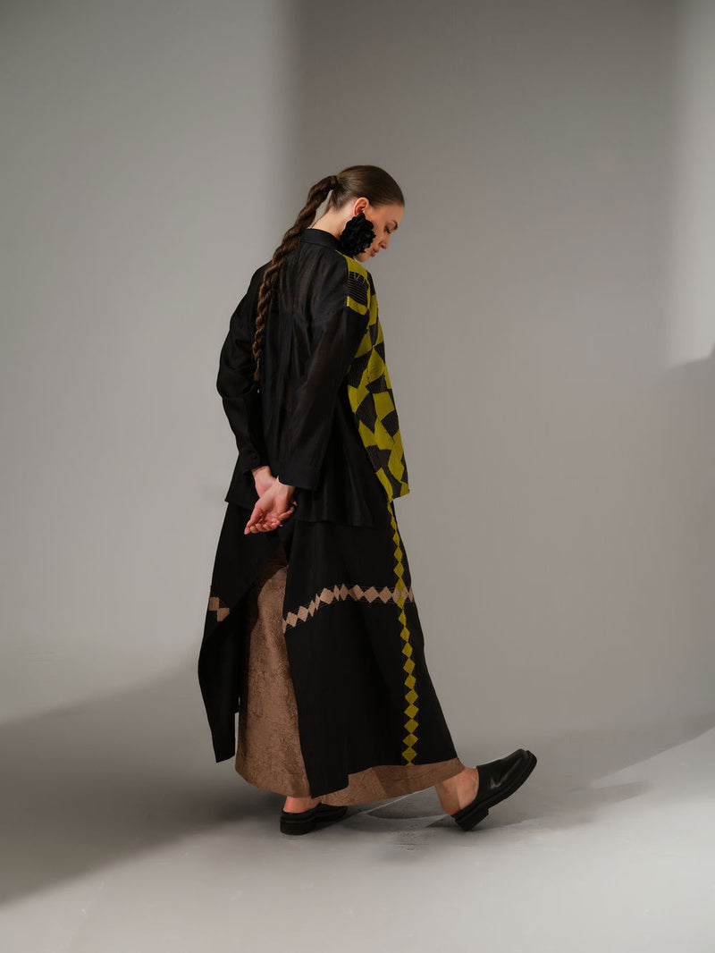 Embrace Skirt-Black + Lime mysore silk skirt by Stoique in black, lime for women Worldwide