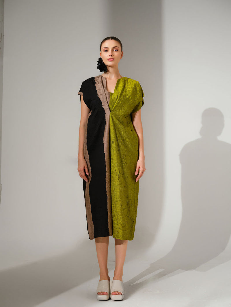 Ripple Dress-Black + Grey + Lime crushed silk dress by Stoique in black, grey, lime for women Worldwide