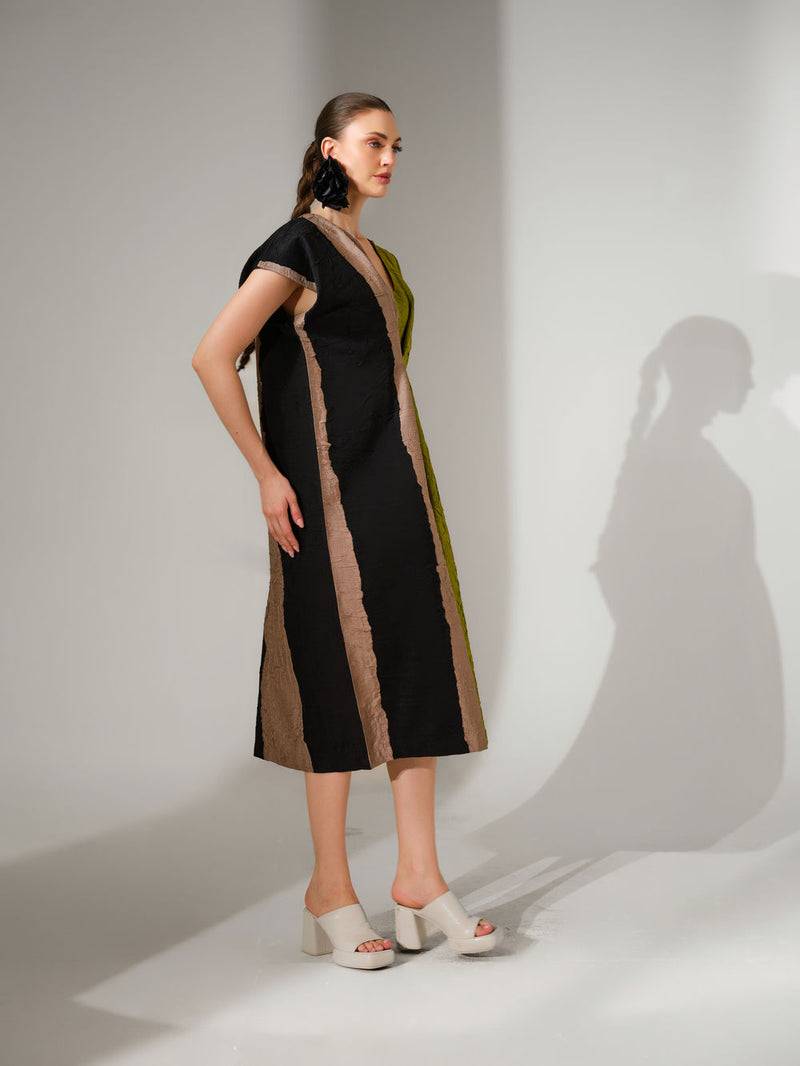 Ripple Dress-Black + Grey + Lime crushed silk dress by Stoique in black, grey, lime for women Worldwide