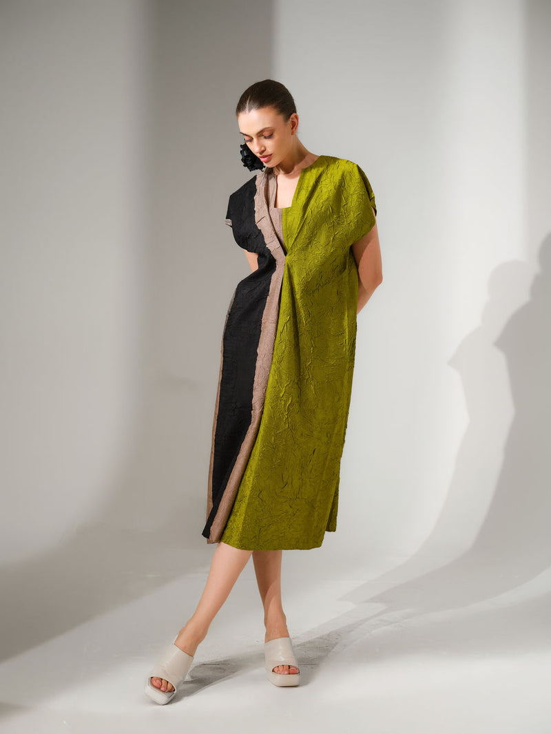 Ripple Dress-Black + Grey + Lime crushed silk dress by Stoique in black, grey, lime for women Worldwide