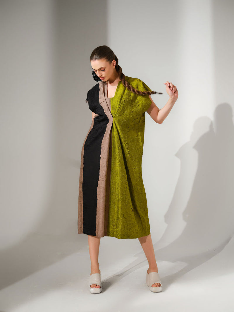 Ripple Dress-Black + Grey + Lime crushed silk dress by Stoique in black, grey, lime for women Worldwide